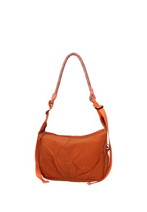 Borsa a tracolla arancione con chiusura a zip, tasca frontale, tracolla regolabile e manico in stile corda su sfondo bianco.