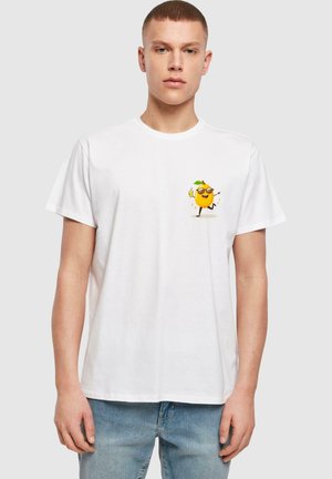 White cotton t-shirt featuring a vibrant cartoon lemon with sunglasses and a drink graphic on the upper left chest area. Short sleeves.