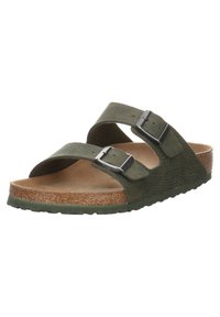 Olive green sandal with two adjustable straps, metal buckles, cork footbed, and rubber outsole featuring a textured finish.