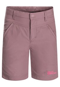 Světle růžové šortky vyrobené z lehkého materiálu. Mezi vlastnosti patří dvě boční kapsy, přední zapínání na knoflík a malá růžová logo na spodním pravém rohu.