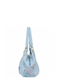 Lichtblauwe leren handtas met goudkleurige hardware, ritssluiting en bloemenborduursels aan één zijde. Dubbele schouderbanden.