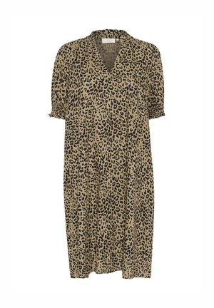 Robes en imprimé léopard avec un décolleté en V, des manches courtes froncées et une coupe ample. Le tissu est doux avec une palette de couleurs beige et noir.