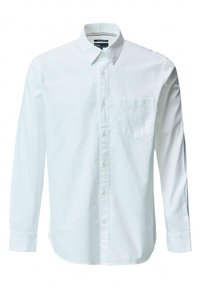 Camicia bianca a maniche lunghe in cotone, con colletto button-down, tasca frontale e orlo dritto con polsini a un bottone.
