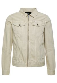 Beżowa kurtka dżinsowa z przednim zamkiem błyskawicznym, dwoma zapinanymi na guziki kieszeniami na piersi, długimi rękawami i klasycznym kołnierzem.