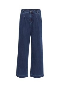 Samat bambu denim lebar dengan warna gelap, dilengkapi dengan pinggang tinggi, lipatan, dan penutup kancing. Kainnya memiliki tekstur yang halus dengan jahitan minimal.