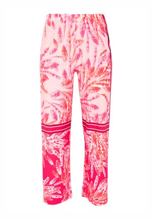 Roze broek met een tropisch bladerenpatroon, elastische tailleband en contrasterende strepen aan de onderkant. Gemaakt van lichtgewicht stof.