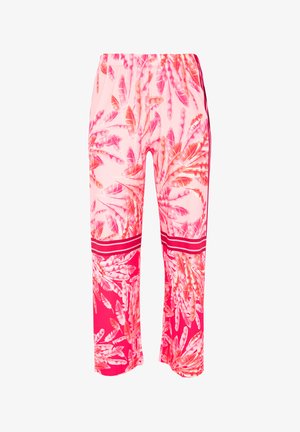 Roze broek met een tropisch bladerenpatroon, elastische tailleband en contrasterende strepen aan de onderkant. Gemaakt van lichtgewicht stof.
