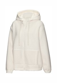 Fleecejacke in Cremefarben mit Kapuze, ausgestattet mit einem Frontreißverschluss, Kordelzügen und zwei großen Kängurutaschen. Gerippte Bündchen an Ärmeln und Saum.