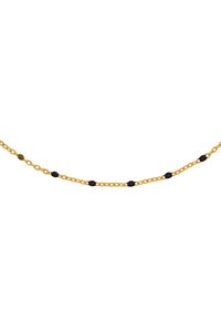 Halskette aus goldfarbenen Kettengliedern mit ovalen Links, durchsetzt mit schwarzen runden Perlen, die ein minimalistisches Design mit kontrastierenden Texturen schaffen.
