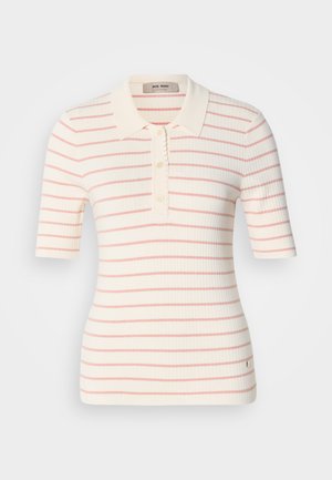 Ribbed polo shirt in cream with pink stripes, short sleeves, scalloped collar, and three-button placket. Small logo detail at the hem.