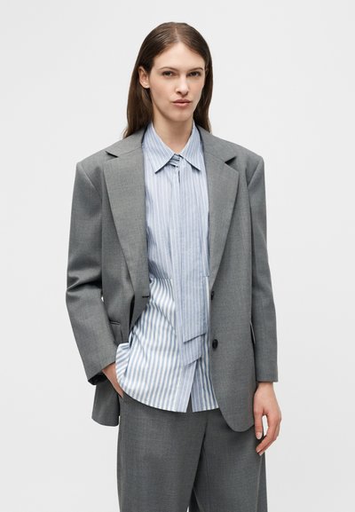 Γυναίκα που φοράει γκρι, φαρδύ σακάκι και παντελόνι με μπλε και λευκό ριγέ πουκάμισο που έχει μπει μέσα, ποζάροντας με το ένα χέρι στην τσέπη.