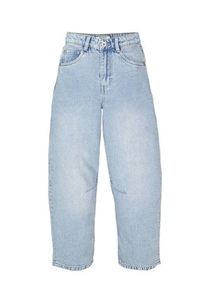 Hellblaue, hoch taillierte Jeans mit weitem Bein, vorne Taschen, Gürtelschlaufen und Knopfverschluss.