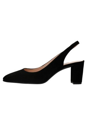 Schwarzer Slingback-Pumps aus Wildleder mit spitzer Kappe und klobigem Absatz. Verfügt über ein Cut-Out-Design an den Seiten und ein glattes Innenfutter.