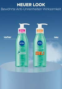 Two green Nivea Derma Skin Clear wash gel bottles with pump, showing original and new design side by side on blue background.