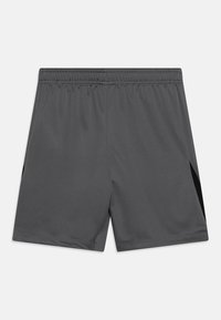 Pantalones cortos atléticos grises con una tela texturizada, cinturilla elástica y acentos laterales negros. Diseño simple, adecuado para deportes y ropa activa.