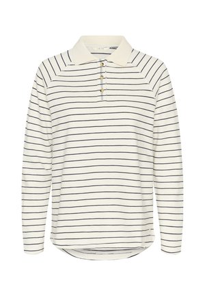 Kreemjas pikakäistega polomees koos tumesiniste horisontaalsete triipudega, millel on kraega kaelus, kolme nupuga riba ja ümar pits.