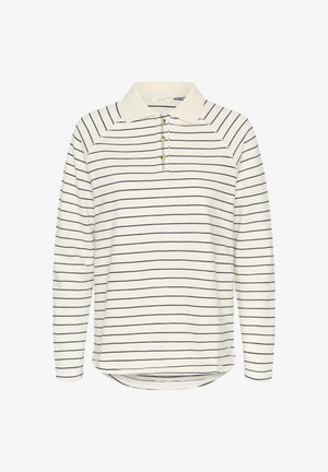 Polo a maniche lunghe color crema con strisce orizzontali navy, dotata di collo a camicia, patta con tre bottoni e orlo arrotondato.