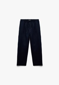 Navy Leinenhose mit lockerem Schnitt, elastischem Bund und Kordelzug. Verfügt über eine weit geschnittene Form und weiche Textur, ideal für legere Anlässe.