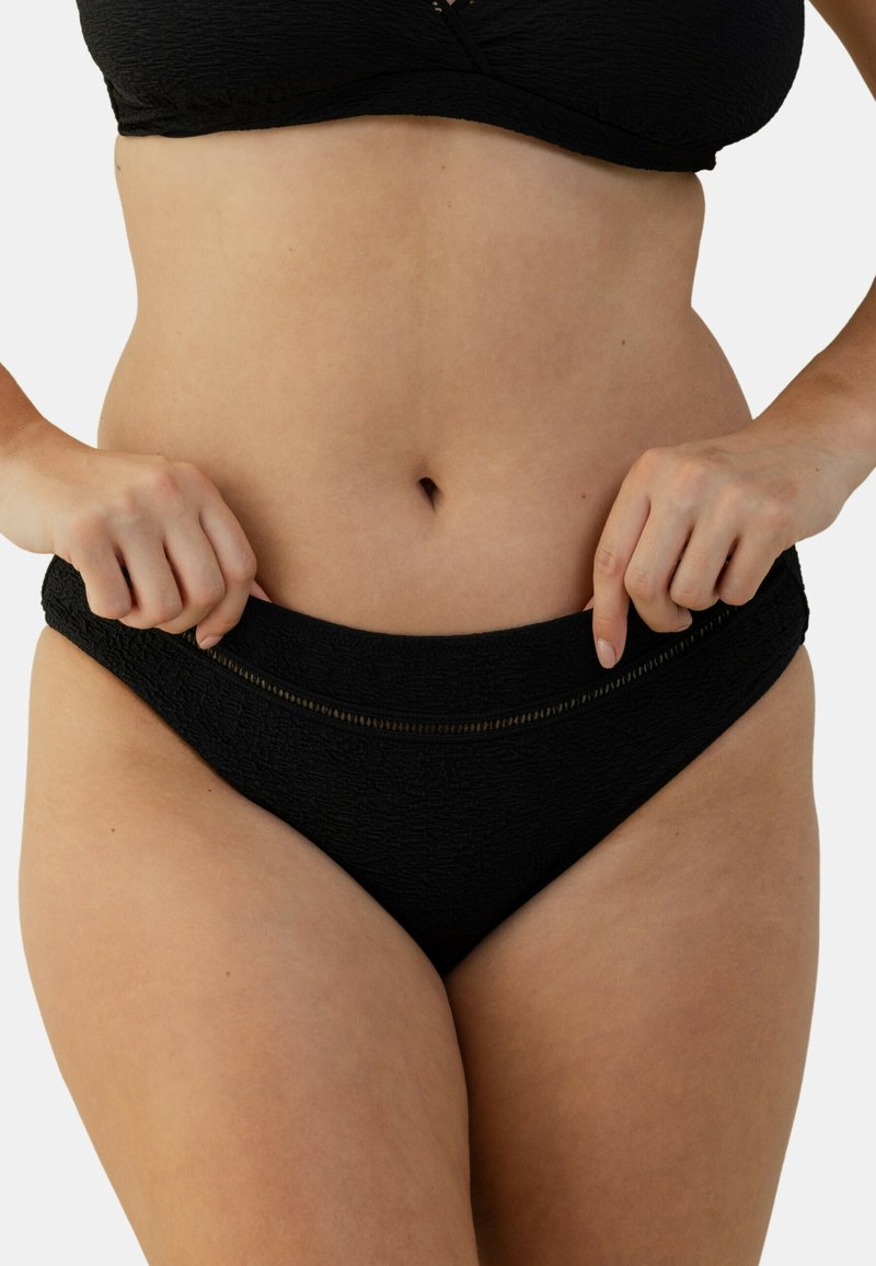 Bas de bikini noir avec un tissu texturé, design taille haute et une ligne d'accent le long de la taille.