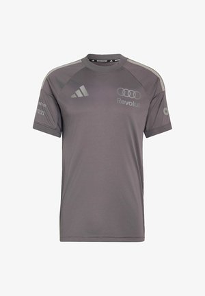 Szary krótki rękaw koszulki Adidas Motorsport z logo Audi, Revolut, Castrol, Pirelli i słonecznika na przodzie i rękawach.