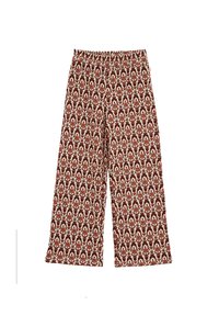 Platas kājas bikses krēmkrāsā ar sarkaniem un zaļiem ziedu rakstiem. Elastīga josta, mīksta tekstūra un pilna garuma dizains.