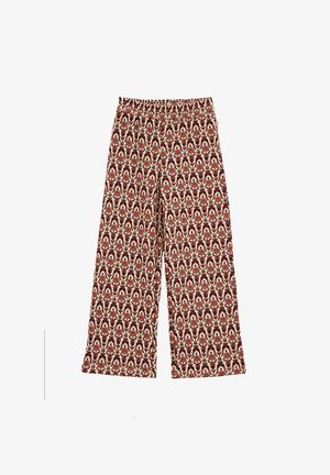 Pantaloni a gamba larga in tessuto crema con un motivo floreale in rosso e verde. Vita elastica, texture morbida e design a lunghezza intera.