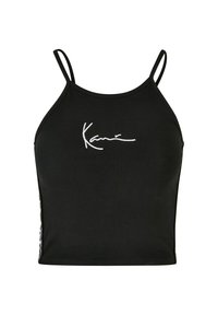 Svart crop top laget av glatt stoff, med tynne stropper og en hvit signaturlogo på fronten, samt kontrasterende side detaljer.