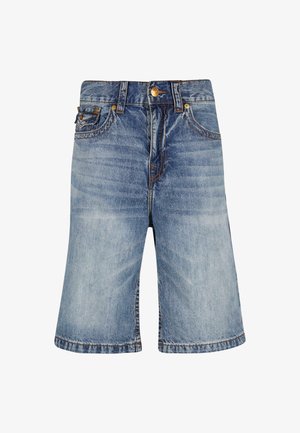 Gaišblue džinsu šorti ar pogu, pieciem kabatām un kontrastējošām šuvēm. Klasisks taisns piegriezums ar nedaudz izbalējušu apdari.