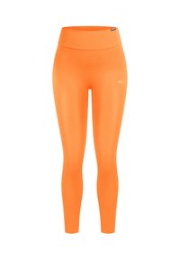 Orange leggings med hög midja, slät textur och en liten logga på vänster höft, som täcker hela benen.