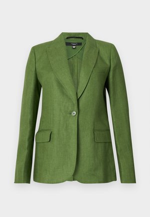 Blazer en lin vert avec un design structuré, des revers crantés, une fermeture à bouton unique et deux poches avant. Tissu texturé avec une finition mate.