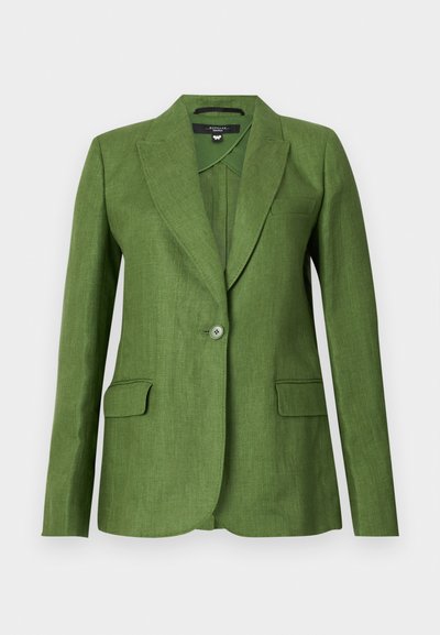 Zeleni laneni blazer s strukturnim dizajnom, zareznimi reverji, zapiranjem na en gumb in dvema sprednjima žepoma. Teksturovana tkanina z mat površino.