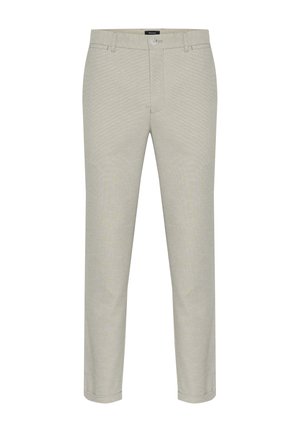 Helle graue Hose mit strukturiertem Muster, schmaler Schnitt, Reißverschluss und Gürtelschlaufen. Das Material scheint ein Baumwollgemisch zu sein, geeignet für legere Freizeitkleidung.