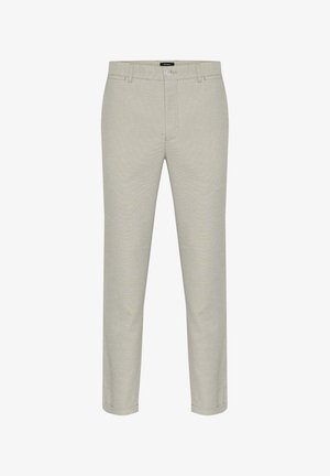 Light gray trousers with a textured pattern, slim fit, zipper fly, and belt loops. Material appears cotton blend, suitable for casual wear.
