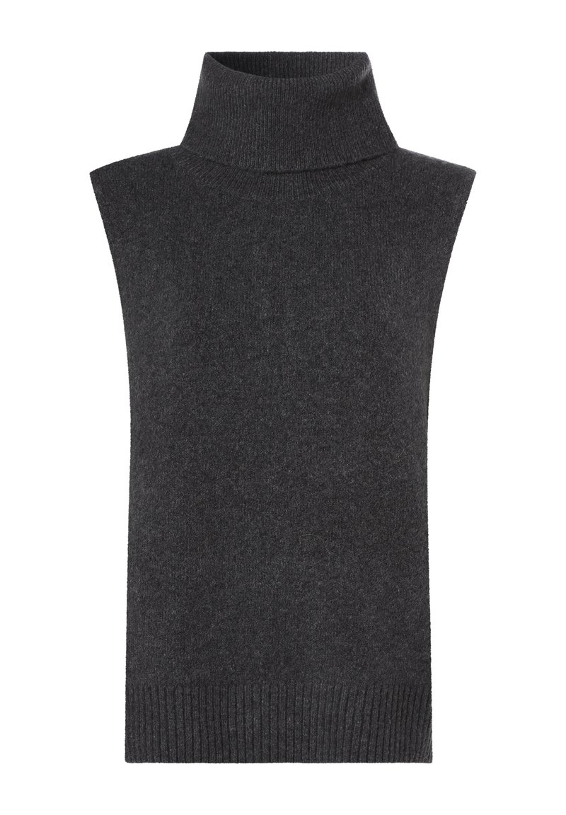 Mörkgrå ärmlös polokrage-tröja gjord av mjukt stickat material, med ribbad krage och nederkant. Enkel design utan mönster eller accentuerande detaljer.