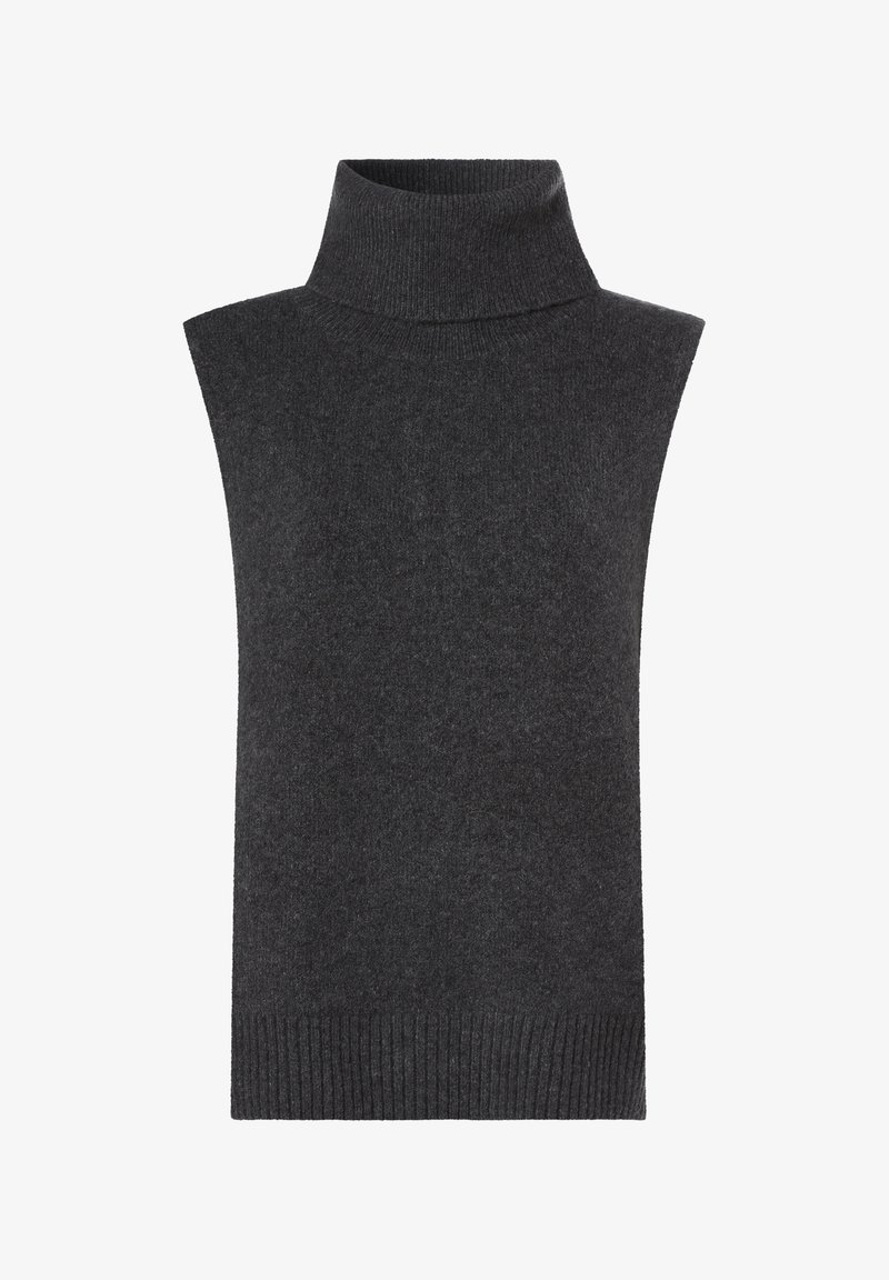 Mörkgrå ärmlös polokrage-tröja gjord av mjukt stickat material, med ribbad krage och nederkant. Enkel design utan mönster eller accentuerande detaljer.