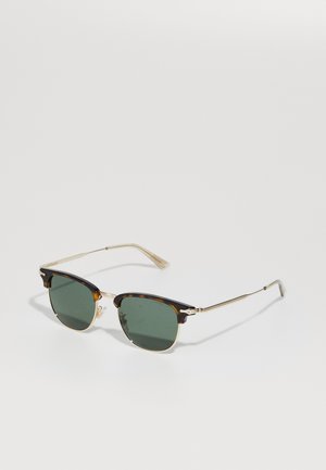 Lunettes de soleil en écaille de tortue avec des verres verts. La monture présente des accents dorés, un pont en métal et des branches fines. Forme carrée classique.
