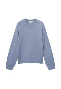 Light blue, long-sleeve knit sweater with ribbed cuffs, hem, and neckline laid flat on white background.