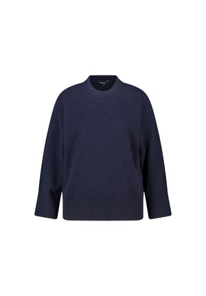 Donkerblauwe trui met lange mouwen en een ronde hals, met geribbelde boorden en zoom, weergegeven op een witte achtergrond.