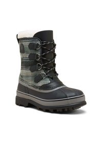 Isoleret vinterstøvle med overdel i ternet tekstil, vandtæt sort gummibund, snørelukning forrest og tekstureret gummisål for godt greb.