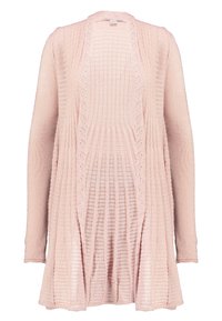 Ljusrosa kofta i strukturerad stickad kvalitet, med öppen framsida, långa ärmar och en avslappnad, flödande passform med subtila mönster.