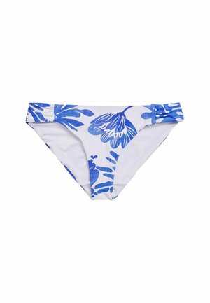 Plavi cvjetni bikini donji dio s bijelom podlogom, koji ima glatku teksturu, srednje visoki dizajn i detalje od nabora sa strane.