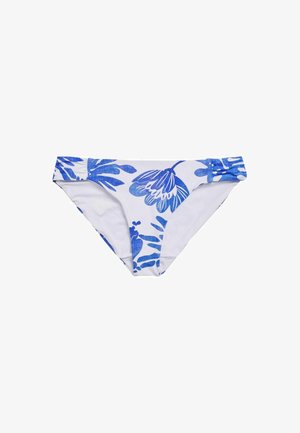 Blauwe bloemen bikini onderkant met witte basis, met een gladde textuur, mid-rise ontwerp en ruchingdetails aan de zijkanten.