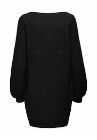 Sweater preto de malha com um corte solto, decote barco largo e mangas bufantes longas. Apresenta um padrão texturizado e bainha canelada.