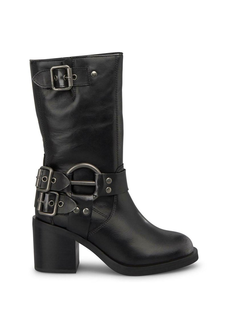 Schwarze Leder-Ankle-Boots mit abgerundeter Spitze, mittelhohem Absatz, mehreren Schnallen und einem dekorativen Metallring-Riemen. Glatte Struktur über die gesamte Oberfläche.