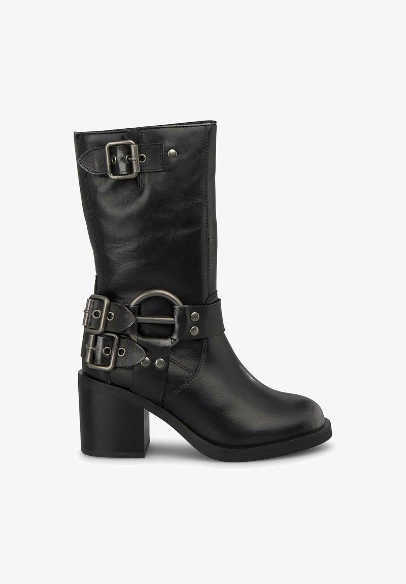 Schwarze Leder-Ankle-Boots mit abgerundeter Spitze, mittelhohem Absatz, mehreren Schnallen und einem dekorativen Metallring-Riemen. Glatte Struktur über die gesamte Oberfläche.