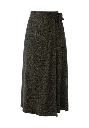 Spódnica wrap w czarno-beżowy geometryczny wzór w paski, związana w talii materiałowym paskiem, długości do kolan do midi.