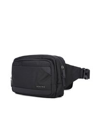Borsa messenger nera realizzata in tessuto resistente, dotata di numerosi scomparti con zip, cintura regolabile e superficie testurizzata.