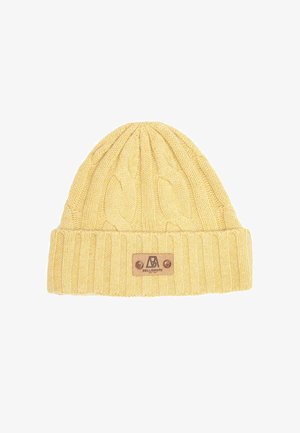 Knit yellow beanie with a ribbed cuff and cable-knit pattern. Features a brown leather label with embossed logo and two snaps.