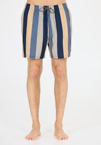 Schwimmshorts mit vertikalen Streifen in Marineblau, Beige und Hellblau. Aus leichtem Material gefertigt, mit einem elastischen Bund und Kordelzug.