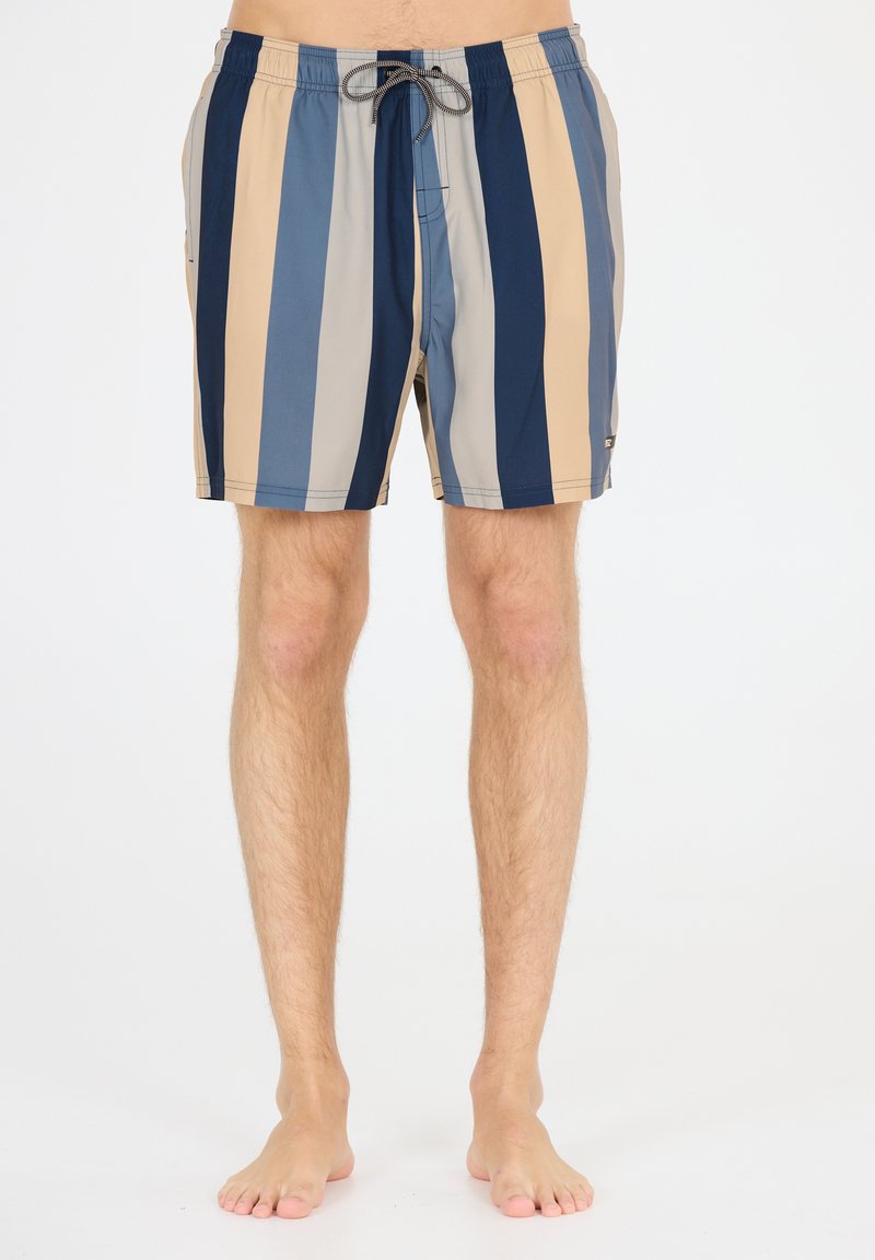 Schwimmshorts mit vertikalen Streifen in Marineblau, Beige und Hellblau. Aus leichtem Material gefertigt, mit einem elastischen Bund und Kordelzug.